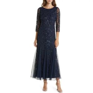 Pisarro Nights Illusion Sleeve Beaded A-Line Midi Gown in Navy 6 Formal Party